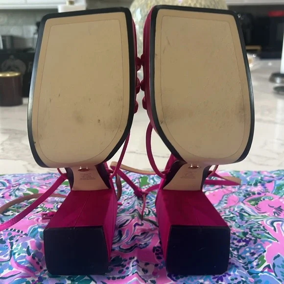 Zara Fuchsia Strappy Heeled Platform Sandals‎ Chunky Satin Pink Barbie. Size 38 - Picture 7 of 8